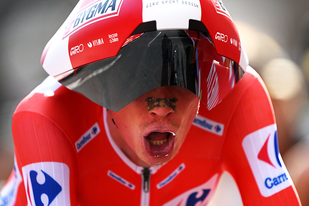 VALLADOLID, SPAIN - SEPTEMBER 11: Jonas Vingegaard of Denmark and Team Visma | Lease a Bike - Red Leader Jersey crosses the finish line during the La Vuelta - 80th Tour of Spain 2025, Stage 18 a 12.2km individual time trial stage from Valladolid to Valladolid / Stage shortened for safety reasons / #UCIWT / on September 11, 2025 in Valladolid, Spain. (Photo by Dario Belingheri/Getty Images)
