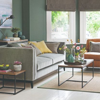 A green-painted living room with a velvet sofa and rectangular coffee table on a jute rug