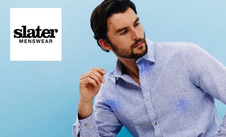Man wearing slater menswear blue button down shirt