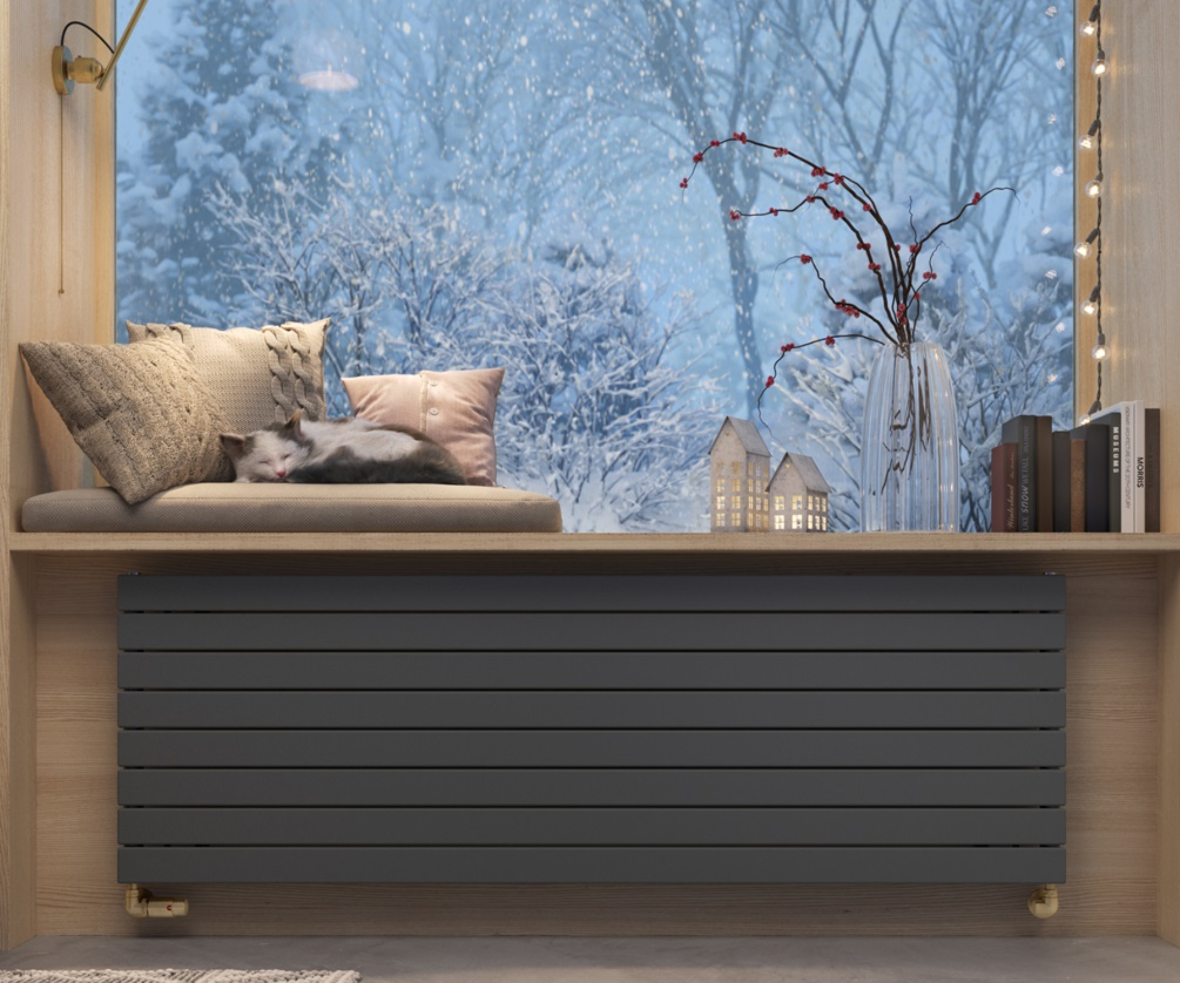 grey horizontal panelled radiator below window seat