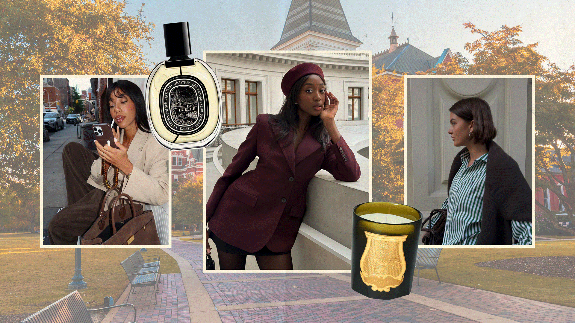 Collage of women wearing stylish outfits over an image of a college campus.