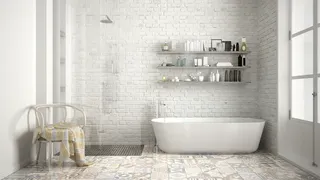 White bathroom with shelves