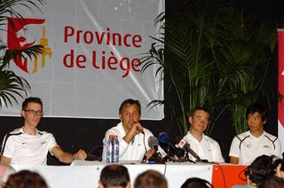 Europcar's general manager Jean-René Bernaudeau speaks at a pre-Tour de France press conference in Liege, Belgium