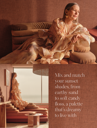 photoshoot of a desert-inspired color scheme with modern furniture and a model wearing fashionable clothes