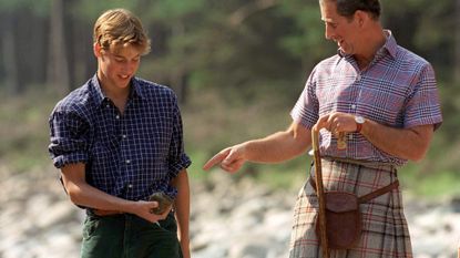 Prince Charles With Prince William In Open-necked Shirts At Polvier By The River Dee, Balmoral Castle Estate