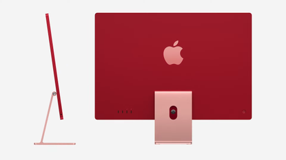 Apple iMac 2021 in red on grey background