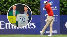 Rory McIlroy and Sachin Tendulkar pose for a photo, while Rory McIlroy hits an iron shot