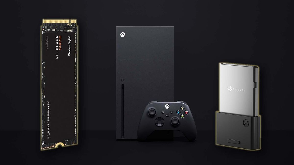 An image of an Xbox Series X with a WD SSD on one side and a Seagate expansion drive on the other