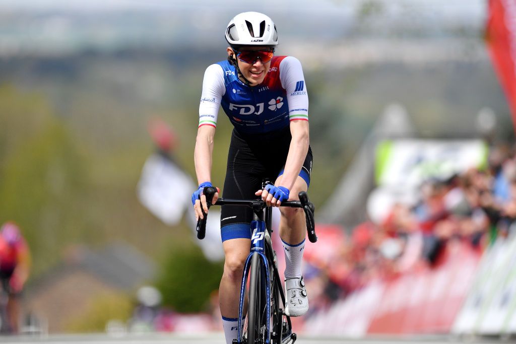 HUY BELGIUM APRIL 20 Marta Cavalli of Italy and Team FDJ Nouvelle Aquitaine Futuroscope celebrates winning during the 25th La Flche Wallonne 2022 Womens Elite a 1334km one day race from Huy to Mur de Huy FlecheWallonne FWwomen on April 20 2022 in Huy Belgium Photo by Luc ClaessenGetty Images