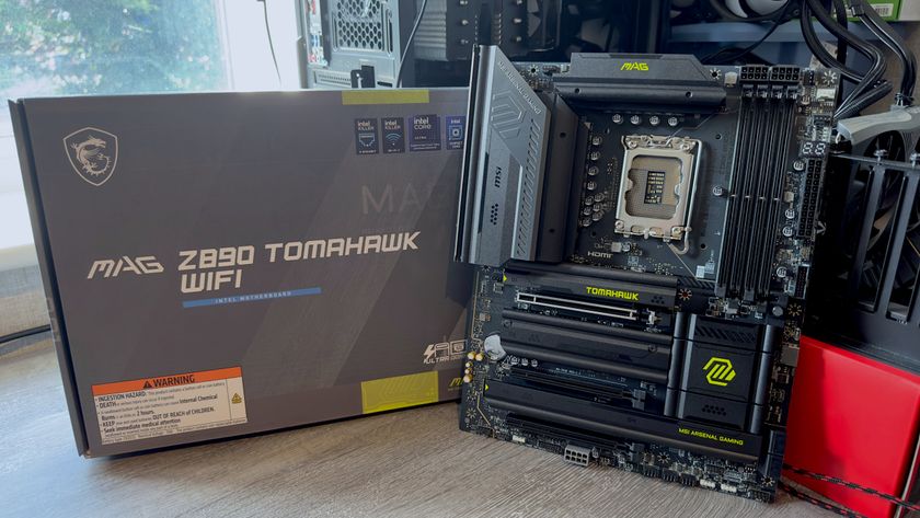 A photo of the MSI MAG Z890 Tomahawk WiFi motherboard, next to its retail packaging.