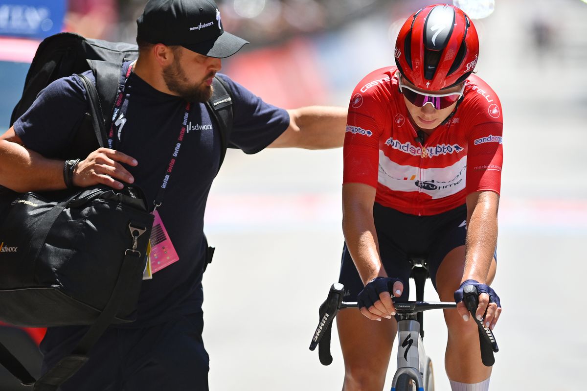 Kopecky arrives at the finish after being beaten by Longo Borghini