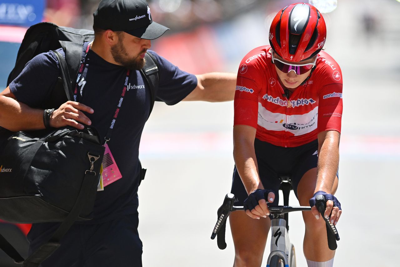 Kopecky arrives at the finish after being beaten by Longo Borghini