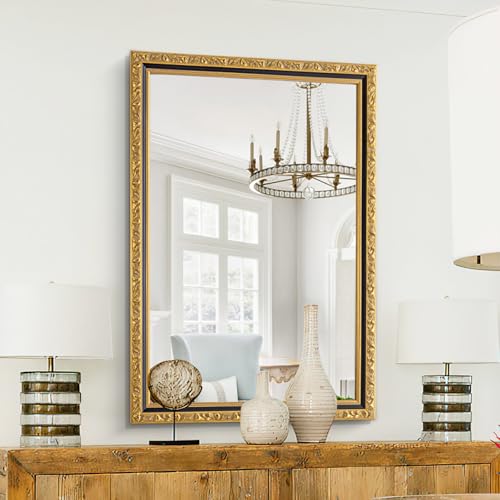 Autdot Vintage Gold Baroque Mirror, 40'' X 28'' Rectangular Ornate Antique Mirror With Carving Wood Frame, Decorative Wall Mirrors for Living Room, Bathroom, Entryway, Fireplace, Horizontal/vertical