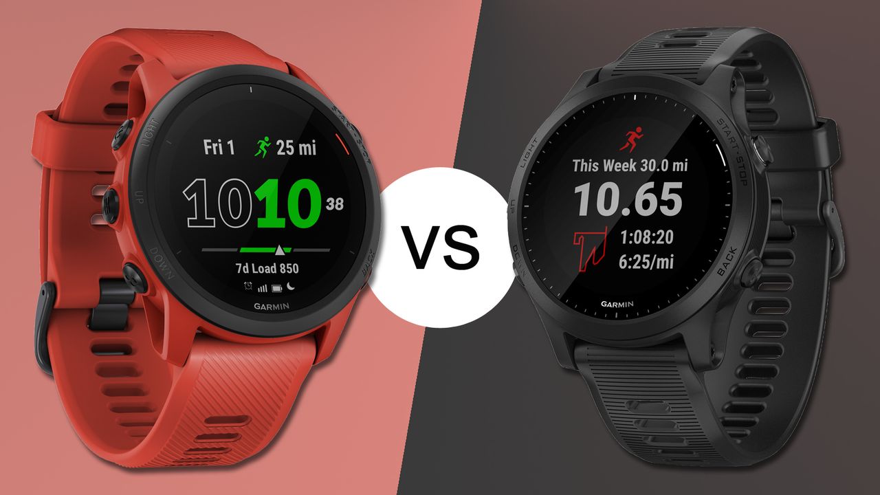 Garmin Forerunner 745 vs Forerunner 945: Forerunner 745 against brick-coloured background (left), Forerunner 945 against dark grey background (right)