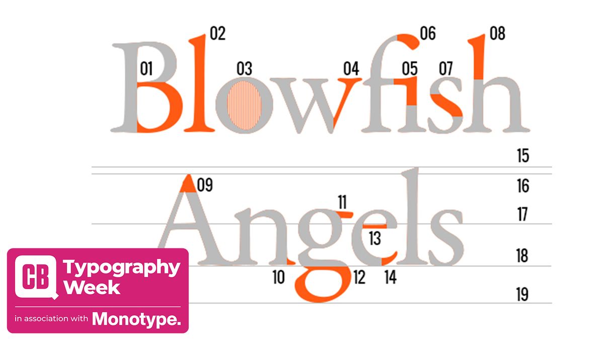 Blowfish angels with annotations and typography week logo