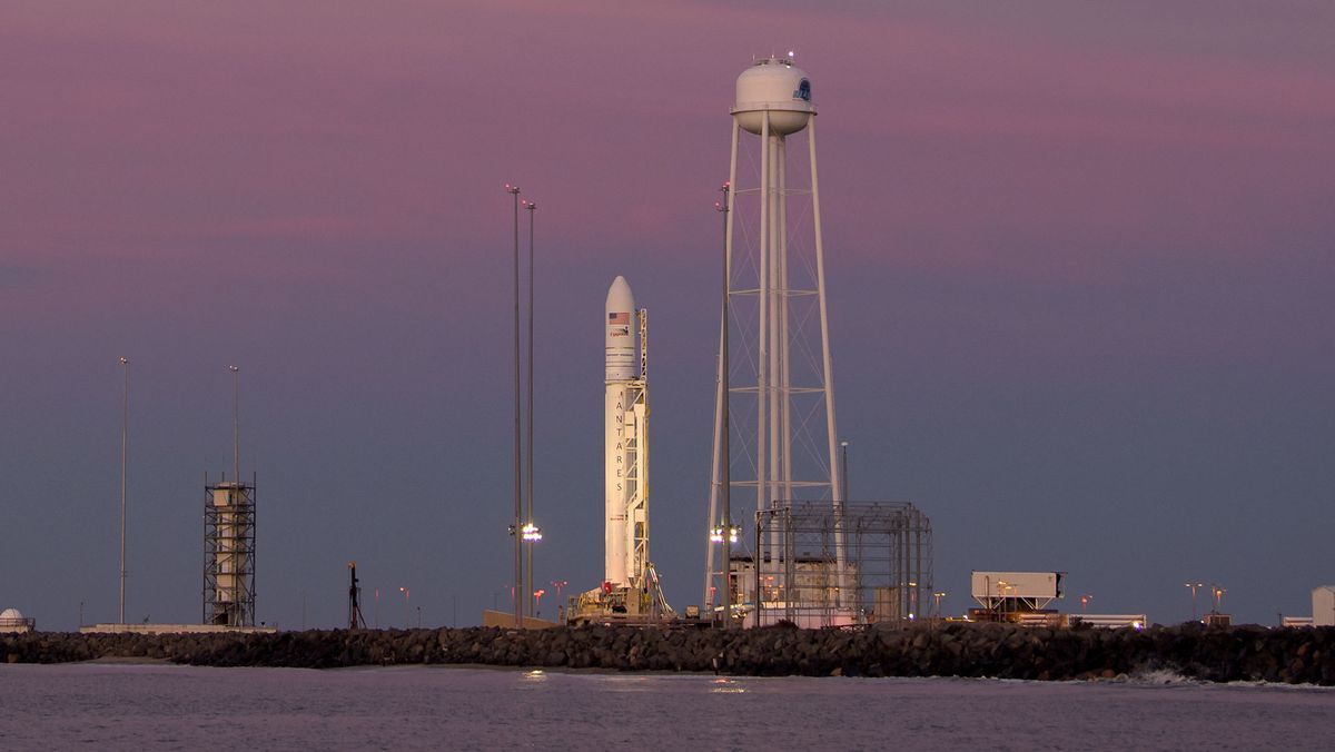 An Antares rocket sits on the launch pad, ready to launch the CRS-11 mission to the International Space Station on July 3, 2017. The CRS2 NG-12 mission, originally scheduled to launch on Oct. 21, has now been pushed back until at least Nov. 2. 