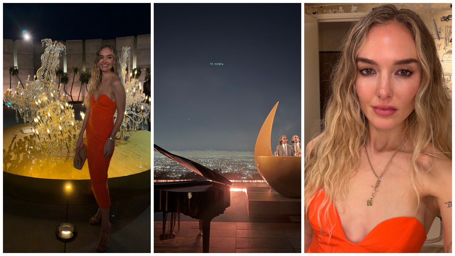 a woman in an orange dress in a three-photo series with a backdrop of los angeles at nighttime