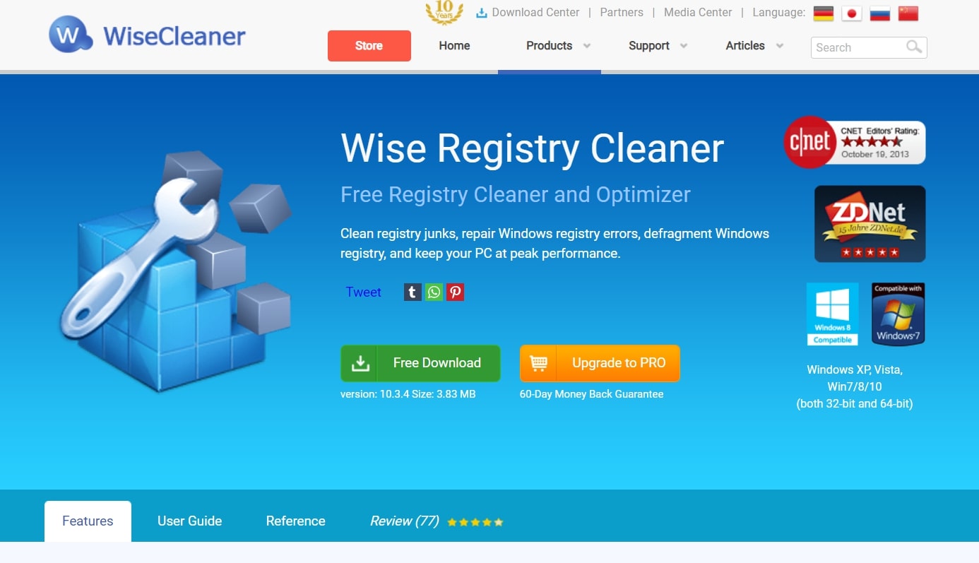 Tangkapan layar situs web Wise Registry Cleaner