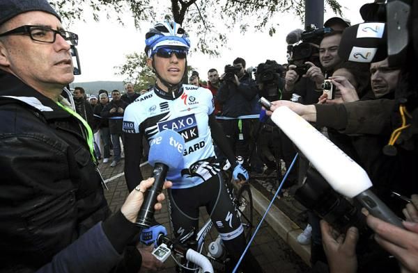 Alberto Contador (Saxo Bank Sungard) speaks to the media before stage 1.