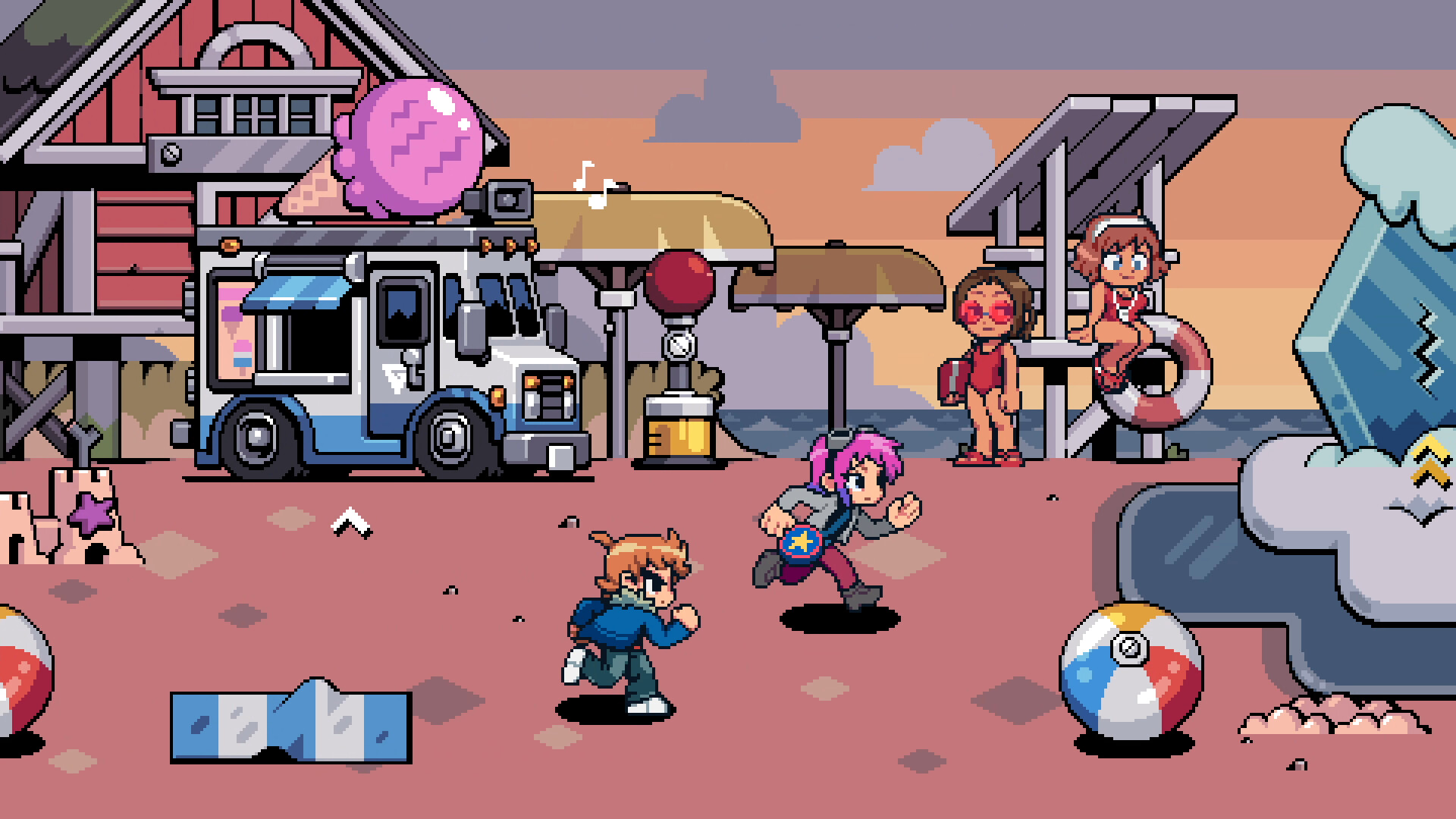 Scott and Ramona running through a bright beach level in Scott Pilgrim EX