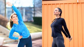 A woman performing a side stretch and chest stretch outdoors