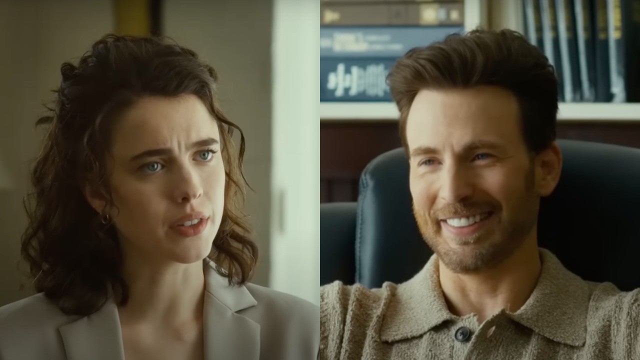 Side by side of Margaret Qualley and Chris Evans in Honey Don't!