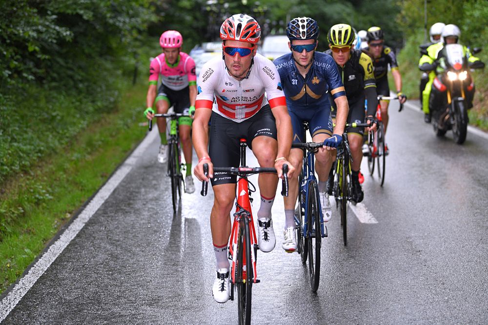 Silvan Dillier and Nans Peters (AG2R), Nathan Brown (EF-Drapac), Christopher Juul-Jensen (Mitchelton-Scott), Mark Christian (Aqua Blue Sport), Paul Ourselin (Direct Energie) formed the day's breakaway at the Tour de Suisse