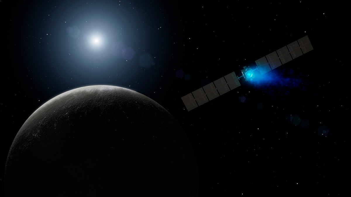 Artist&#039;s concept of NASA&#039;s Dawn spacecraft arriving at the dwarf planet Ceres on March 6, 2015.