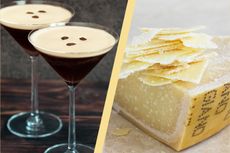 A collage of an espresso martini in a cocktail glass and a wedge of parmesan cheese