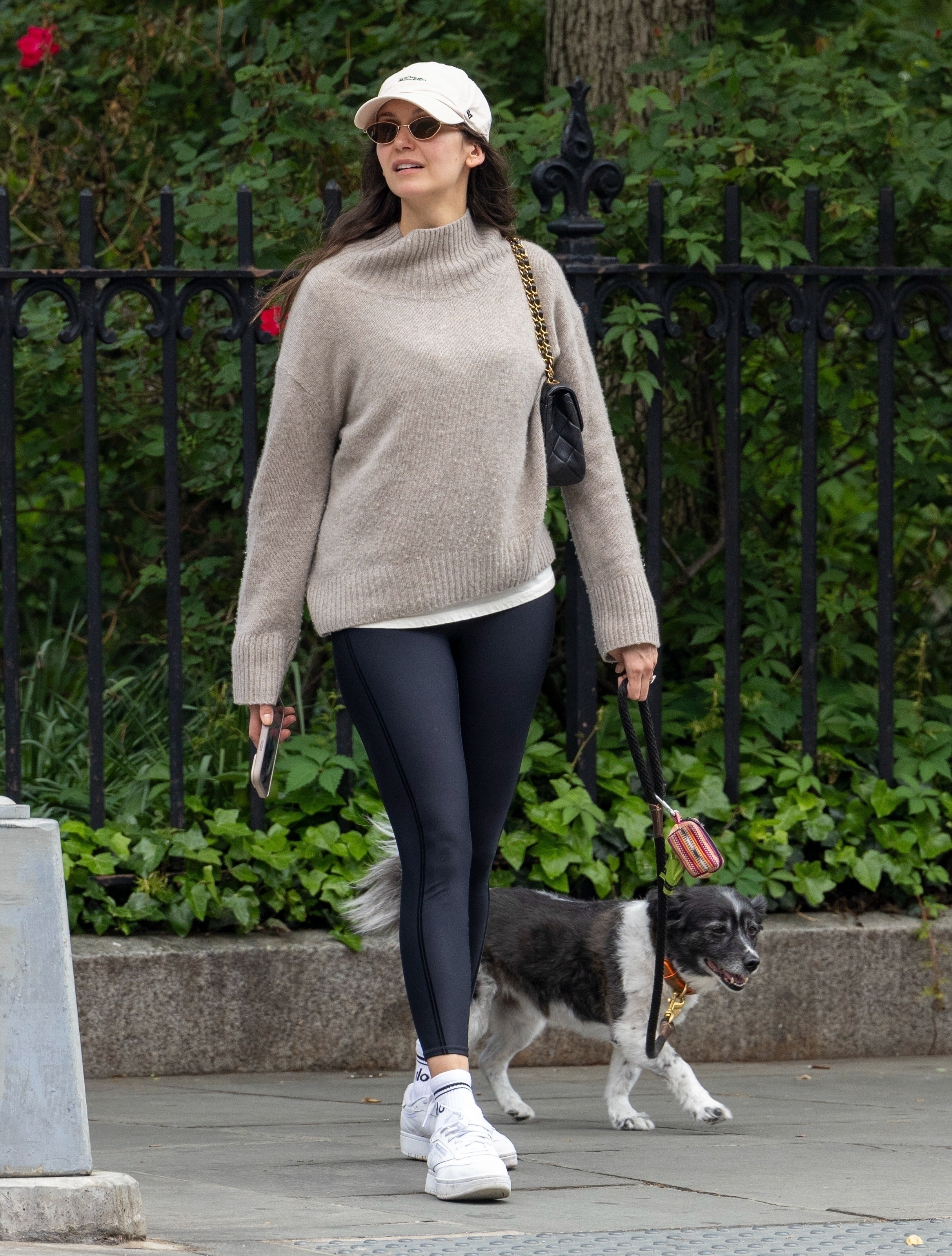 Nina Dobrev wearing fall 2025 leggings outfit