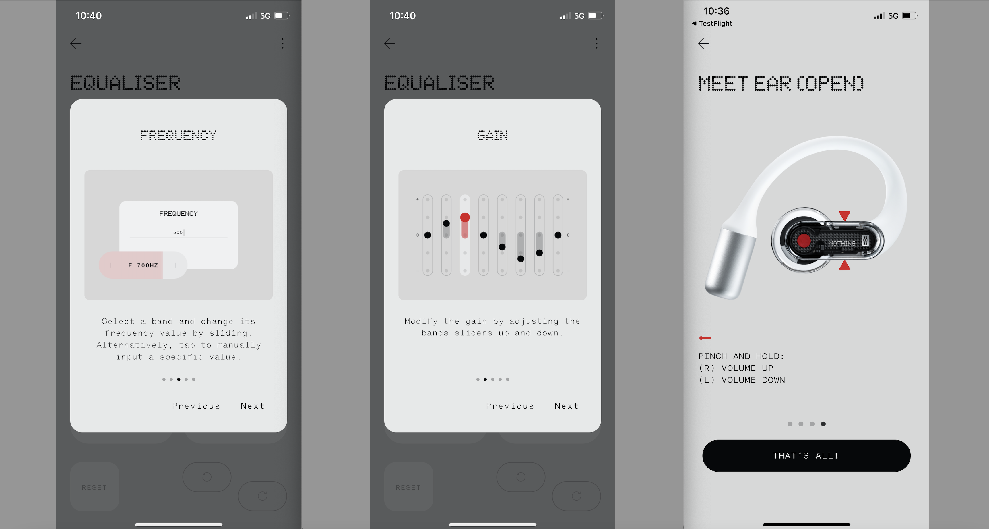 Three screen-grabs of the Nothing X app showing Nothing Ear Open's Advanced EQ options
