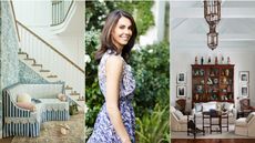 Three images, left side image of a entryways with built in bench and wallpaper, middle image of designer Christine Markatos and right side image of a white living room with vintage furniture 