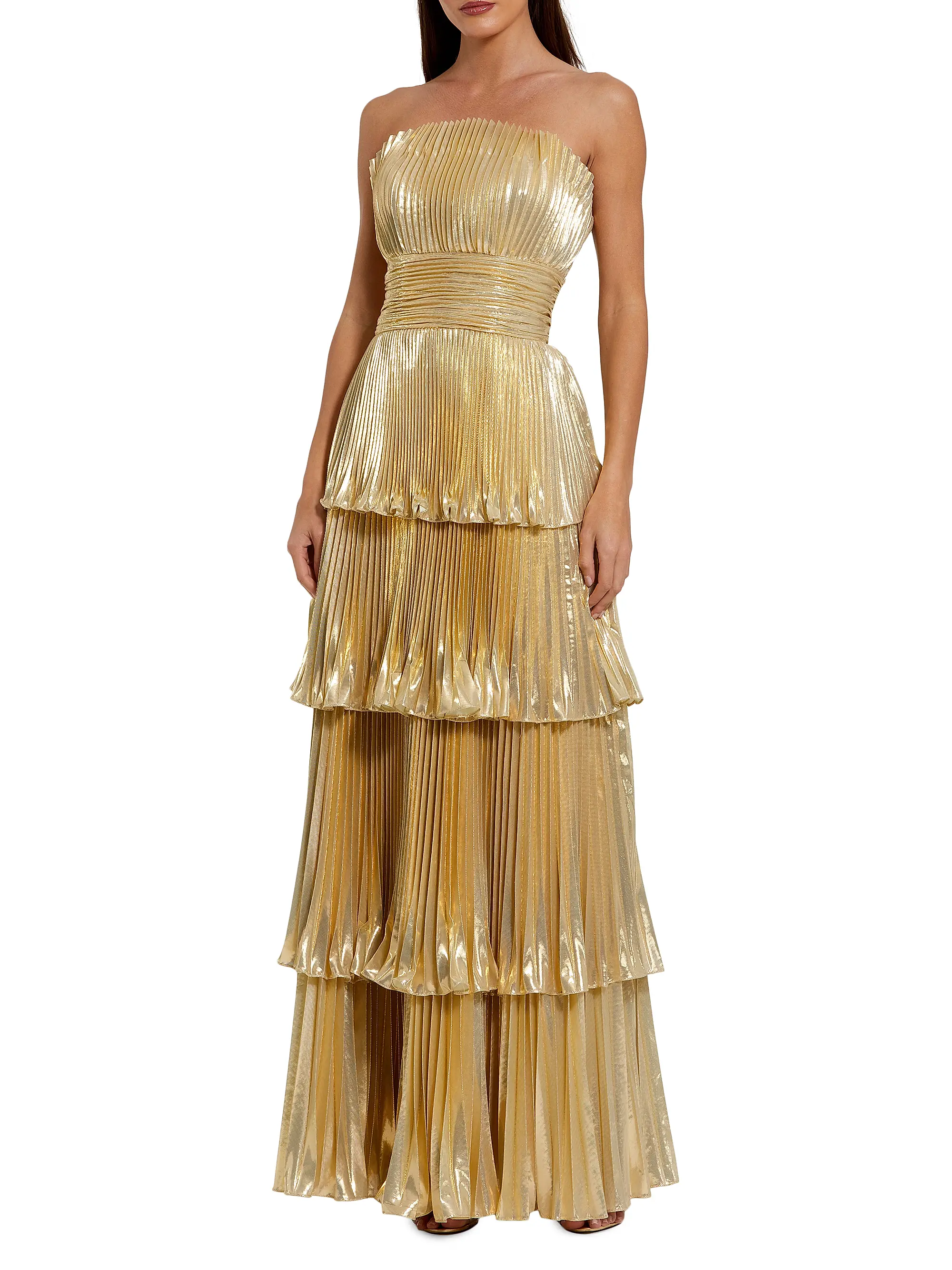 Metallic Pleated Strapless Tiered Gown