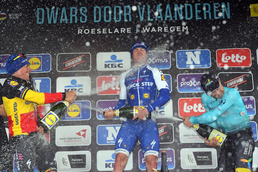 Gilbert, Lampaert and Lutsenko celebrate on the Dwars door Vlaanderen podium
