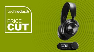 The SteelSeries Arctis Nova Pro Wireless gaming headset on a green background with white price cut text