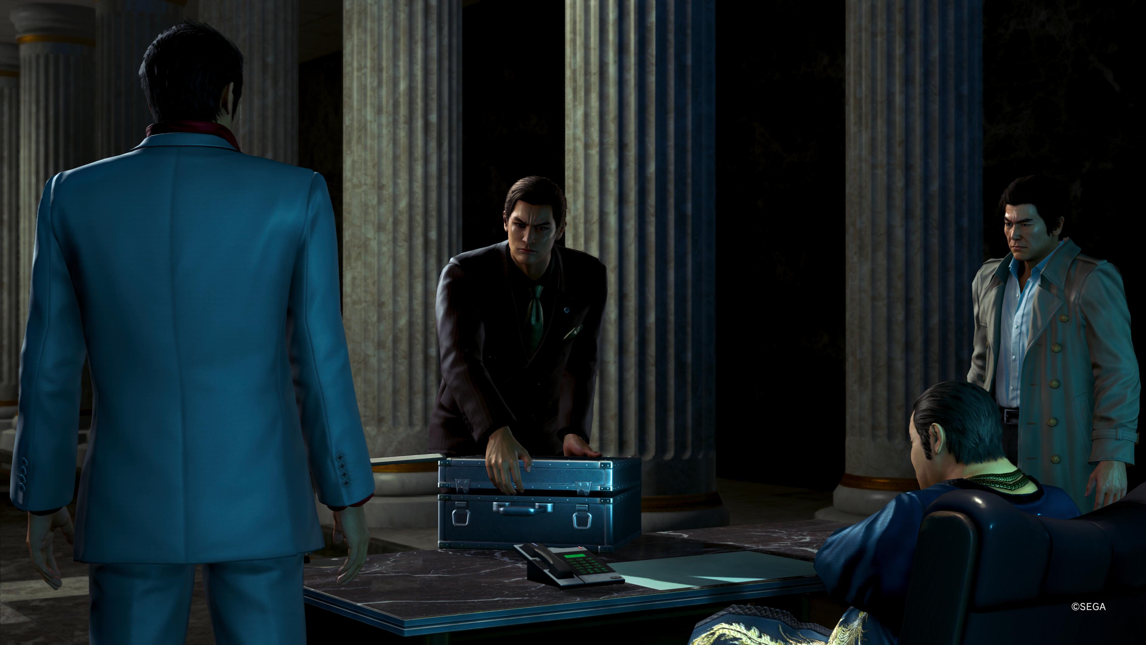 Kiryu, Mine, Florist, and Date stand around a table in Yakuza Kiwami 3