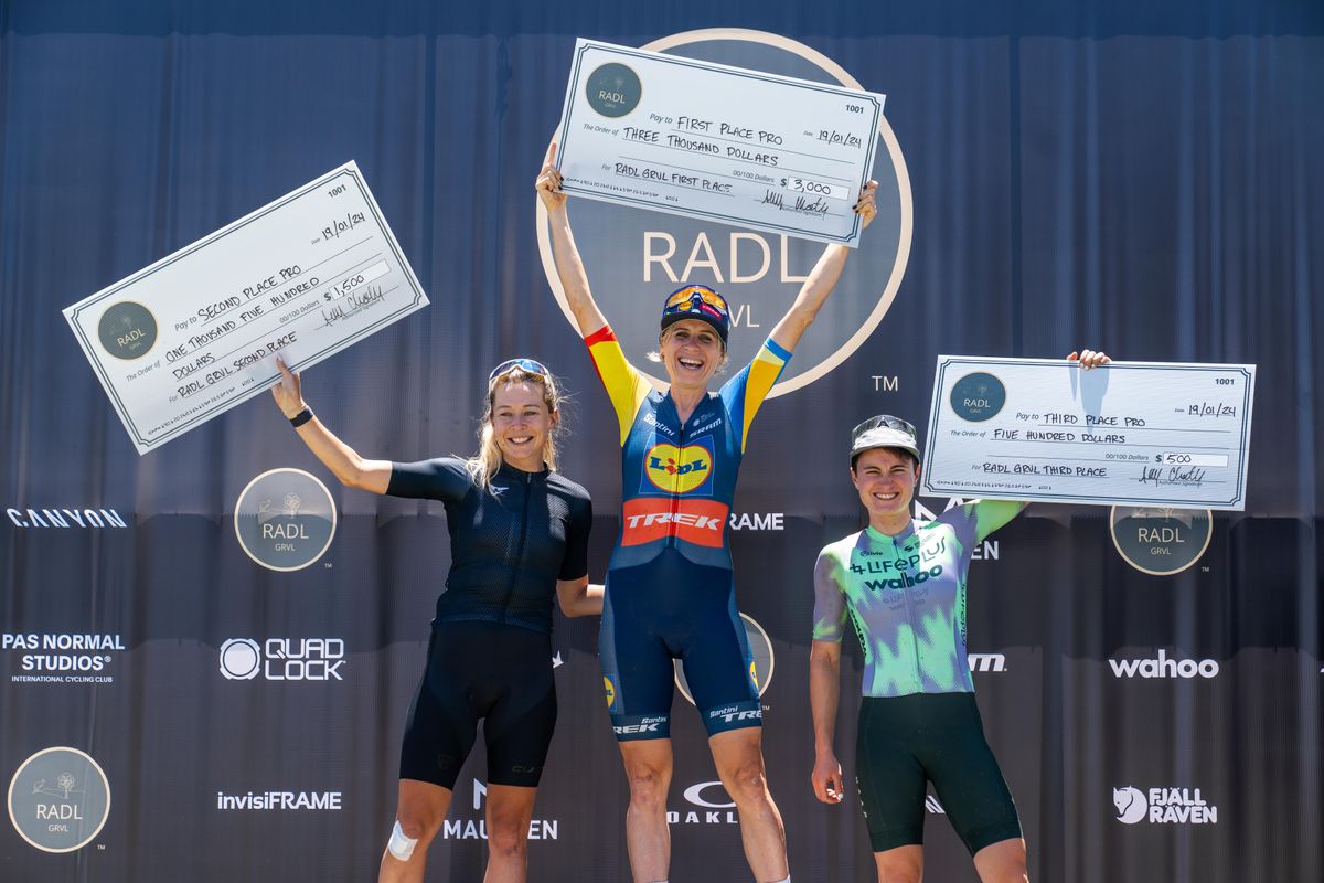 The women's podium of the first edition of RADL GRVL in 2024: Brodie Chapman (Lidl-Trek) first, second Nicole Frain (HESS Cycling), third Heidi Franz (Lifeplus Wahoo)