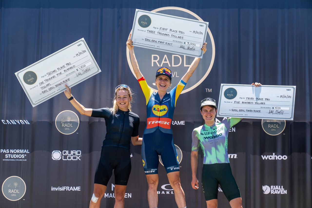 The women's podium of the first edition of RADL GRVL in 2024: Brodie Chapman (Lidl-Trek) first, second Nicole Frain (HESS Cycling), third Heidi Franz (Lifeplus Wahoo)