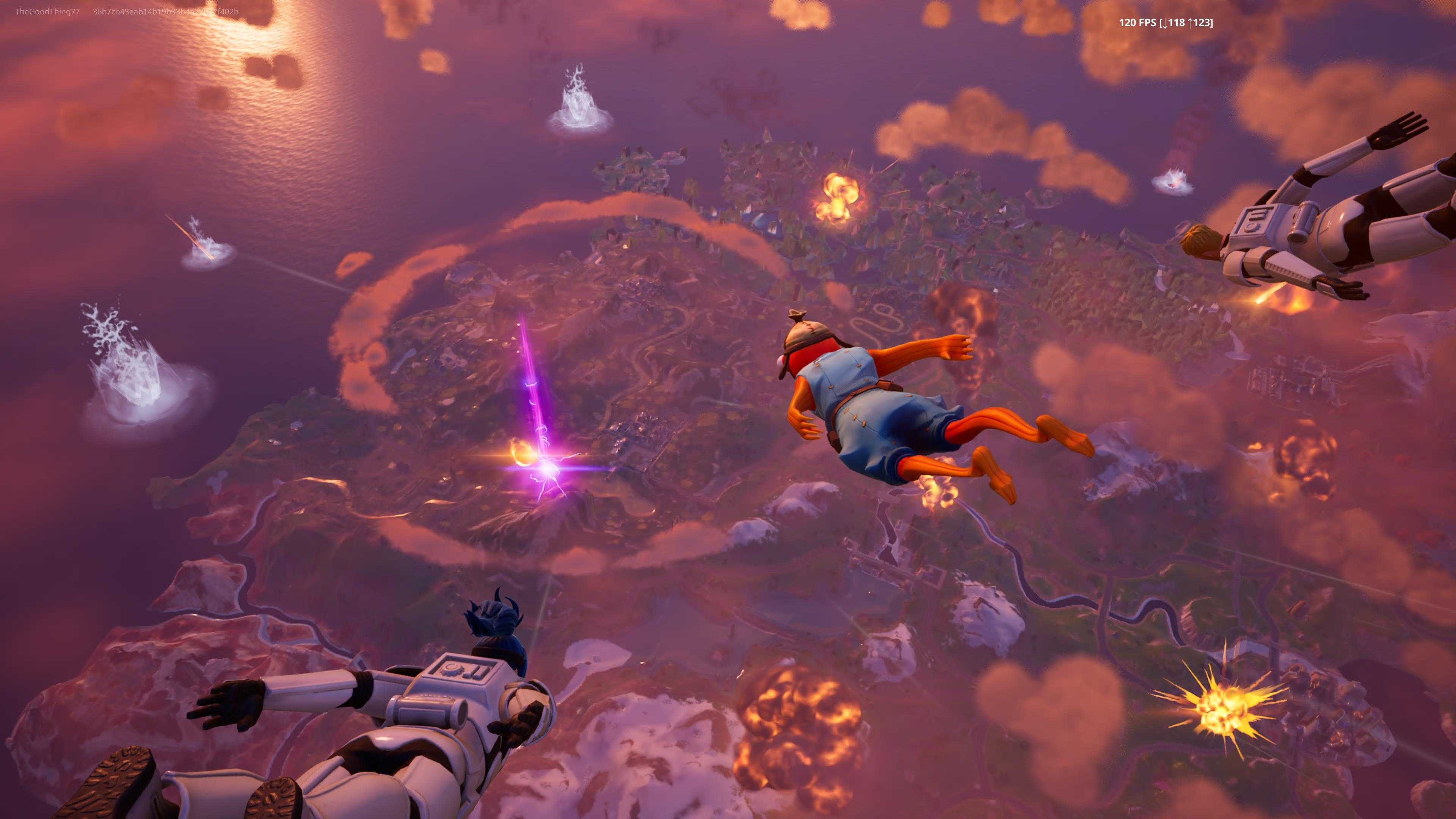 Fish Stick and other Fortnite characters dive into an exploding Battle Royale island
