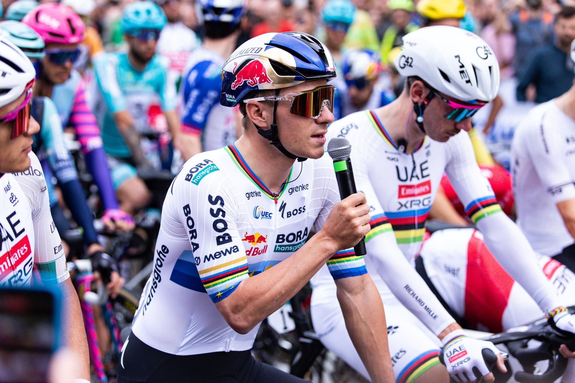 Remco Evenepoel gives a speech during the rider protest at the start of Il Lombardia 2026