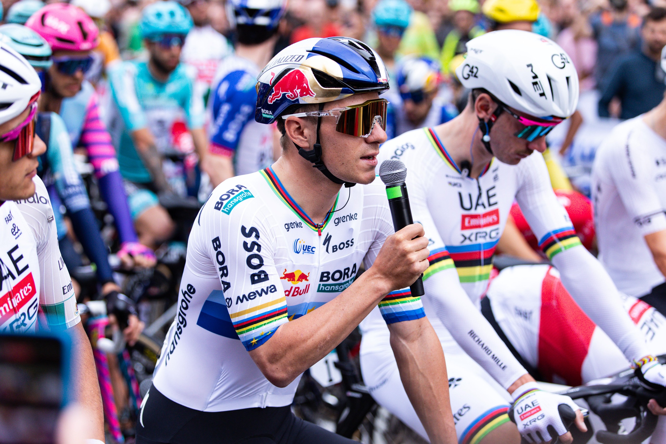 Remco Evenepoel gives a speech during the rider protest at the start of Il Lombardia 2026