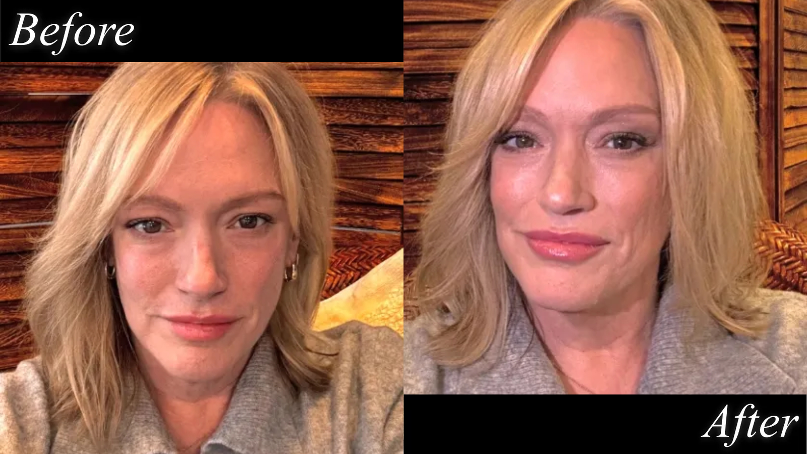 A woman with blonde hair and a gray sweater before and after makeup.