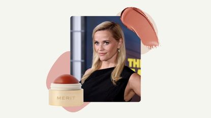 Reese Witherspoon is pictured wearing a black dress and with rosy/terracotta blush on her cheek, whilst attending "The Morning Show" Season 4 New York Premiere at the Museum of Modern Art on September 09, 2025 in New York City/ in a cream template with a product shot of the Merit Flush balm and a blush swatch.