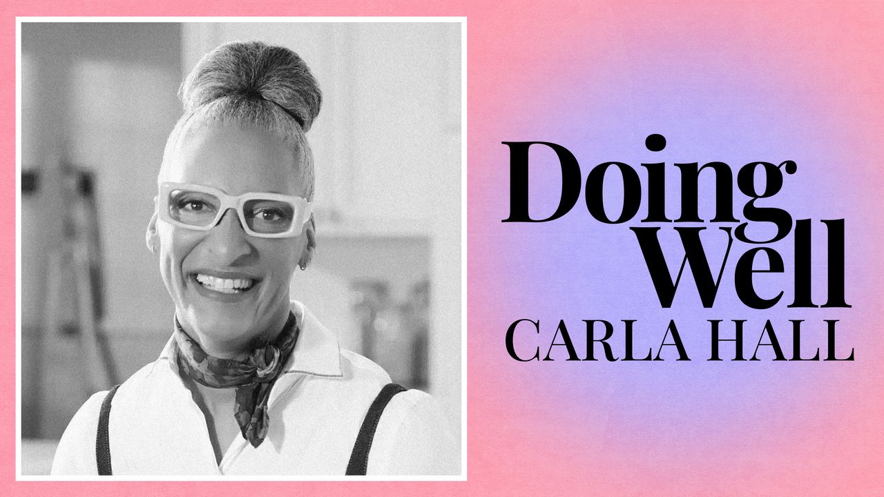 Carla Hall with the text &quot;Doing Well&quot; on an ombre purple and pink background