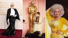 A collage showing Meryl Streep, Sacheen Little Feather at the 1972 Oscars and Dolly Parton