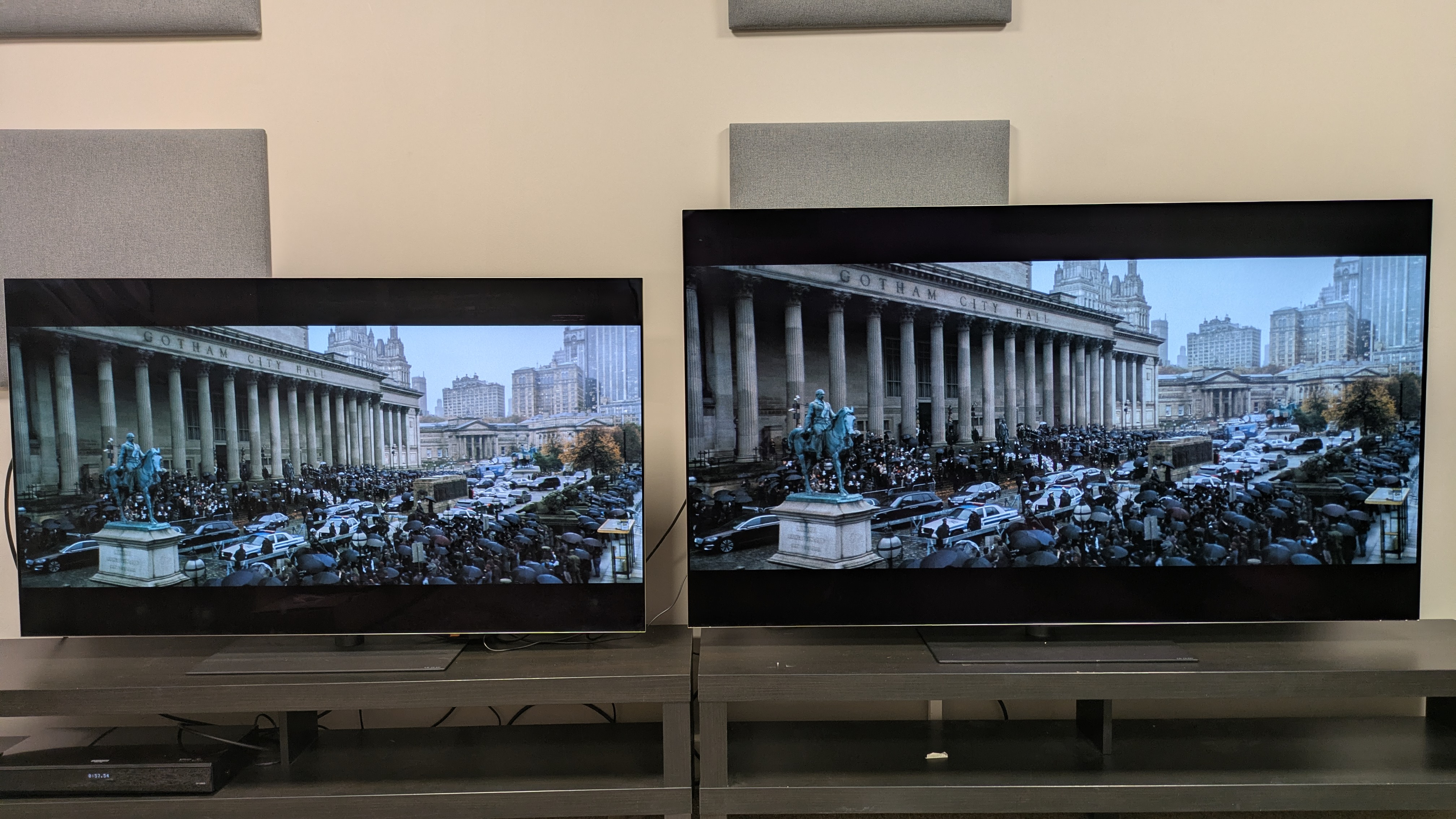 The LG G5 (left) and the LG G6 (right) showing an exterior of the church from the funeral scene from The Batman. The G5 has a brighter sky, but the G6's dimmer sky is more accurate to the movie.