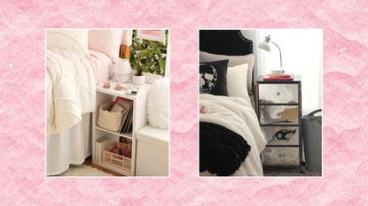 Two pictures of Dormify nightstands on a pink sparkly background