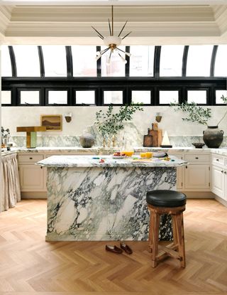 modern kitchen design, featuring marble and curtain skirts