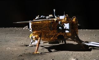 Image of China’s Chang’e 3 lunar lander taken by Yutu rover. Equipment on the stationary lander continues to operate after landing on the Moon in December of 2013.