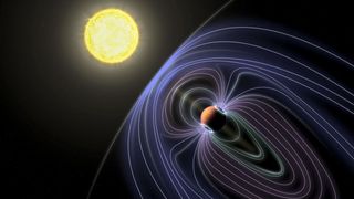 An artist's depiction of the exoplanet Tau Boötes b shows a magnetic field, which may cause the radio emissions scientists believe they have detected.